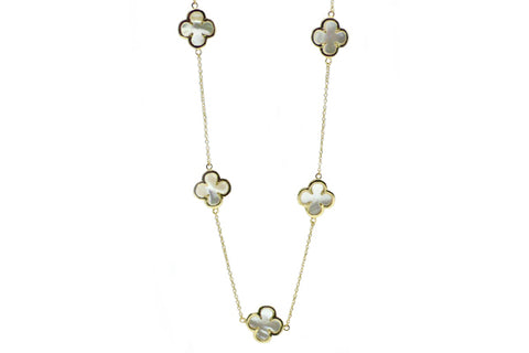 Carved Mother of Pearl Quatrefoil Station Necklace - Assorted Metal Colors