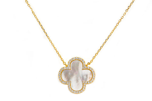 Carved White Mother of Pearl & CZ Quatrefoil Necklaces - Assorted Sizes