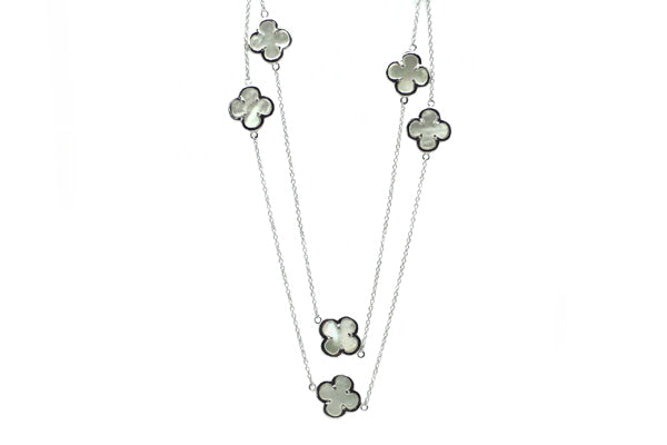 Long Mother of Pearl Quatrefoil Station Necklace - Assorted Metal Colors
